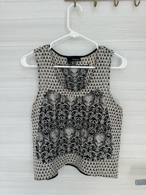 The Kooples Black and Cream Embroidered Floral Sleeveless Top